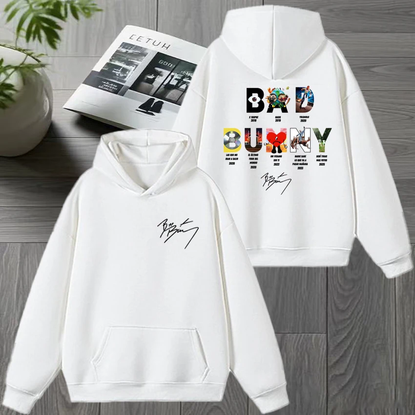 

Rapper Bad Bunny Album Collection Double Sided printed Winter Hoodie Unisex vintage hip hop streetwear Men women Fleece pullover