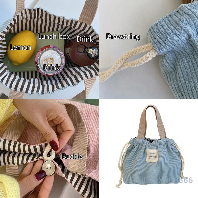 

Corduroy Lunch Bag with Drawstring Tote Cotton Cloth Small Handbag Portable Food Storage Pouch for Picnic Dinner Container