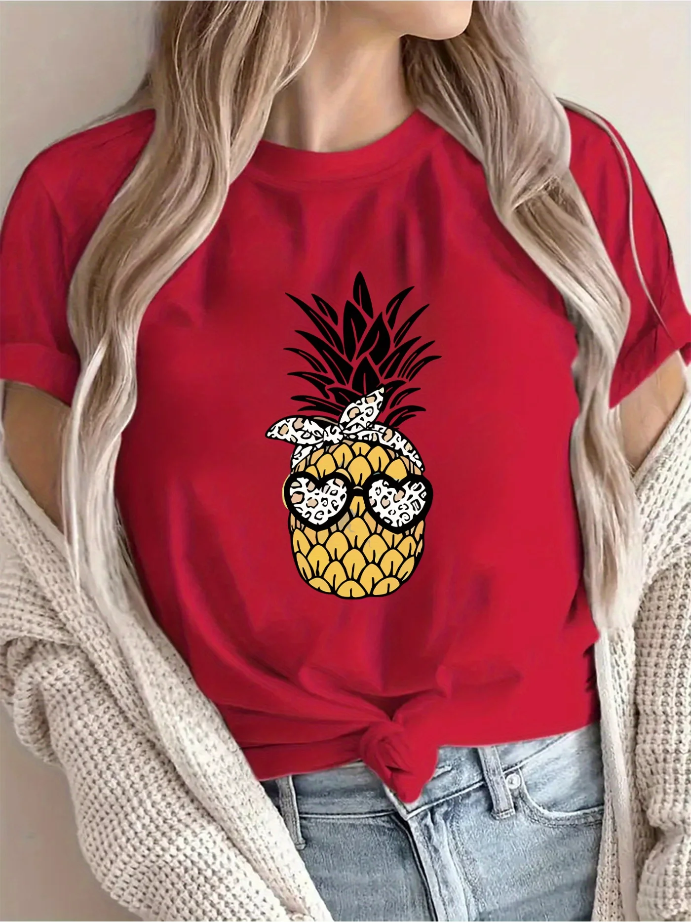 

Women's Tropical Pineapple Pattern T-shirt Spring and Summer Casual Round Neck Short-sleeved Top Holiday Style Playful Print Y2K