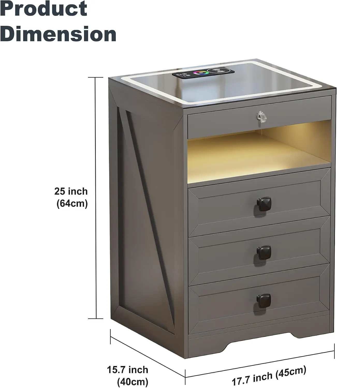 Lvifur LED Nightstand with 3 Drawers, Glass Top Bedside Table with Wireless Charging Station, Modern Night Stand with Auto Senso