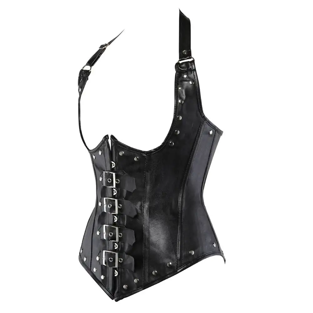 Faux Leather Corset Top Shoulder Strap Women Steampunk Corset Bustier Gothic Costume Plus Size S-2XL