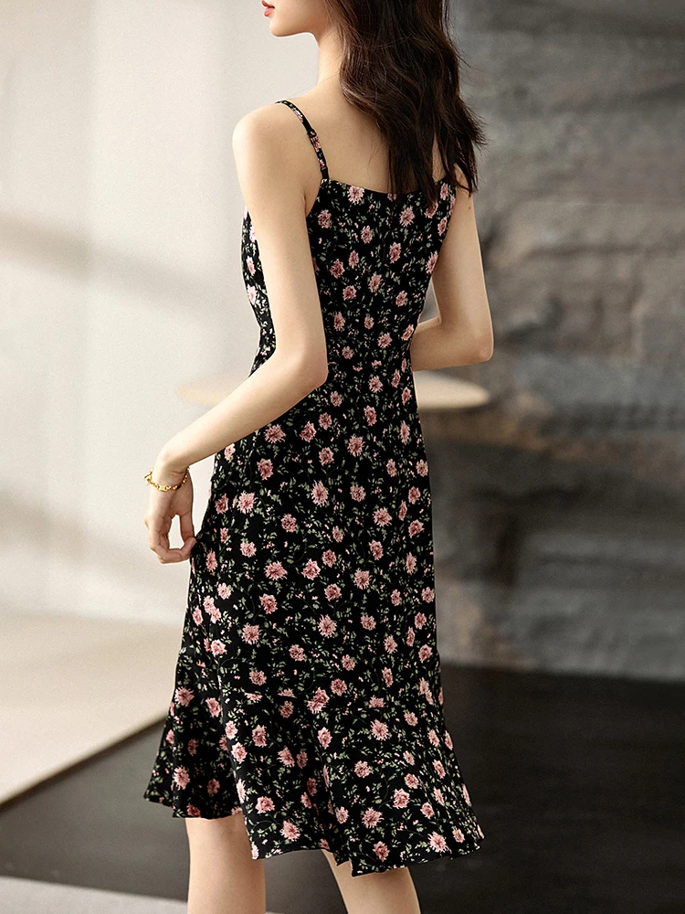 SENTUBILA Summer Floral Spaghetti Strap Dresses for Women 2024 Elegant Sexy V Neck Sleeveless Waisted Swing Midi Dress 123L42563