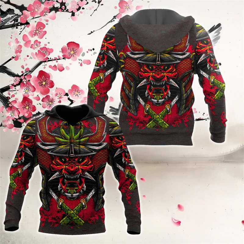 Novel Japanese Mask Print Hoodie Men's Clothing Mysterious Warrior Pattern Hooded Coat Harajuku Streetwear Personality Hoodies