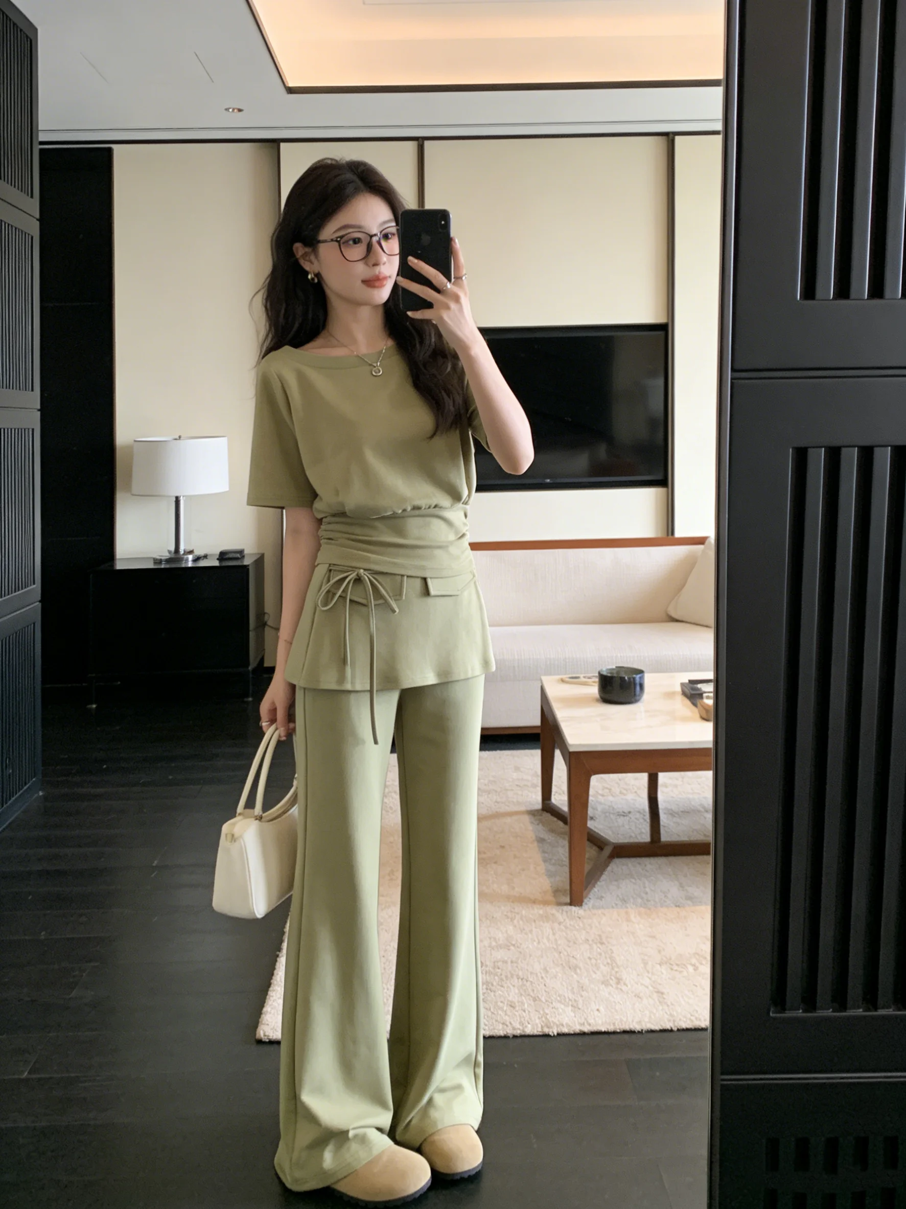 

Korean Style Fashion Slim Fit Shoulder Bared Short Sleeve round Neck T Shirt Summer Micro Flare Long Pants Two Piece Set