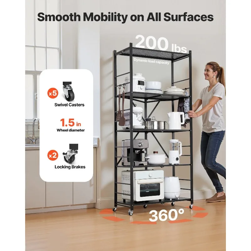 Półka składana z kółkami, 5-poziomowa, bez konieczności montażu, organizer, czarna