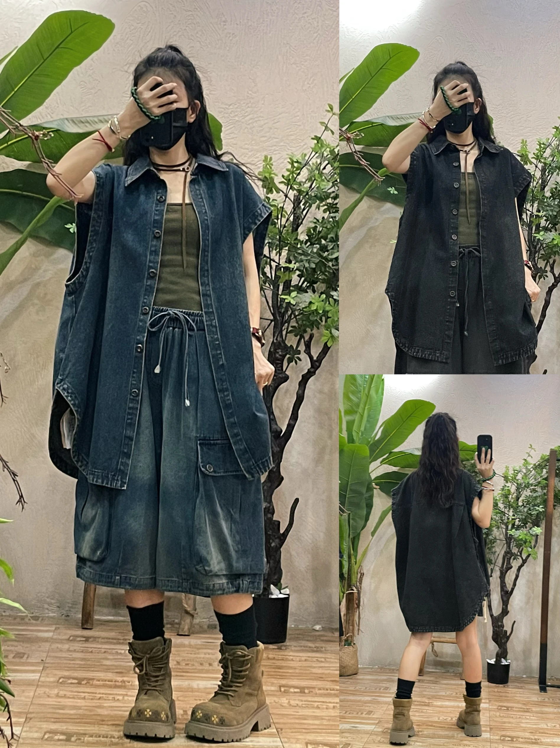 Gilet en jean rétro délavé pour femme, coupe ample mi-longue, bouton unique, col jaquet, vêtement d'extérieur, nouvelle collection automne