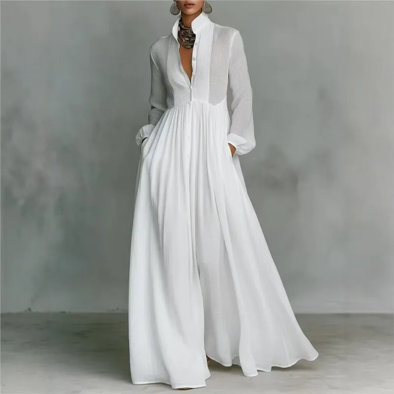 Elegant Solid Women's Loose Dress Spring Thin Fashion Stand Collar Design Lantern Sleeve High Waist Dresses Lady Party Vestidos