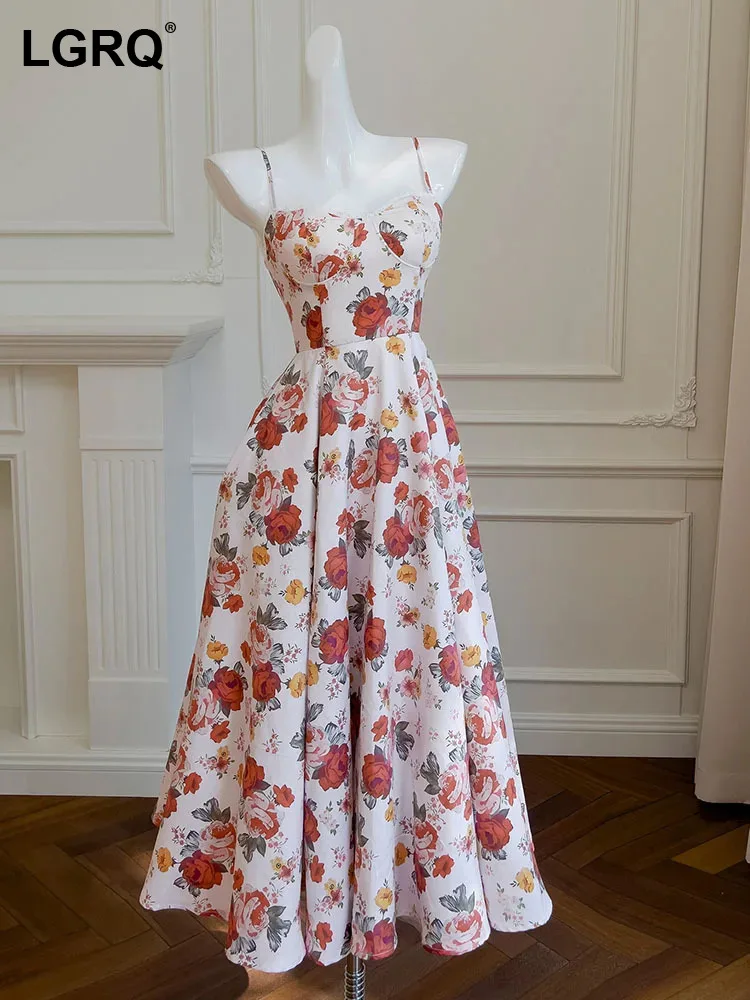 

LGRQ Women's Print Sling Dress Fashion Off Shoulder High Waist Sleeveless Casual Elegant Dresses New 2024 Autumn New Clothing