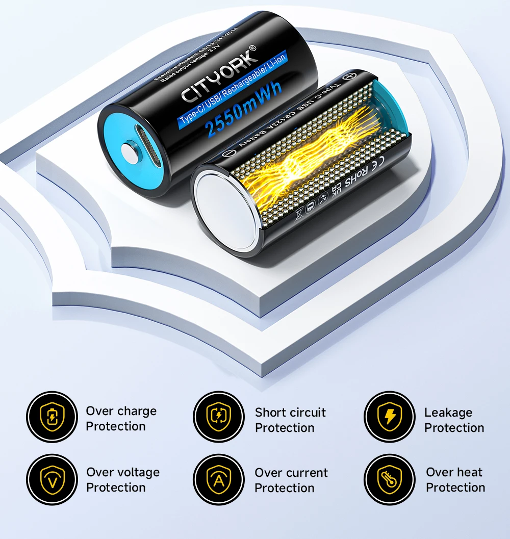 CITYORK CR123A Akku 2550 mWh 3,7 V wiederaufladbare Li-Ion 16340 Akkus 16350 RCR123 Akku für LED-Taschenlampe + USB-Typ-C-Kabel – Detail 13