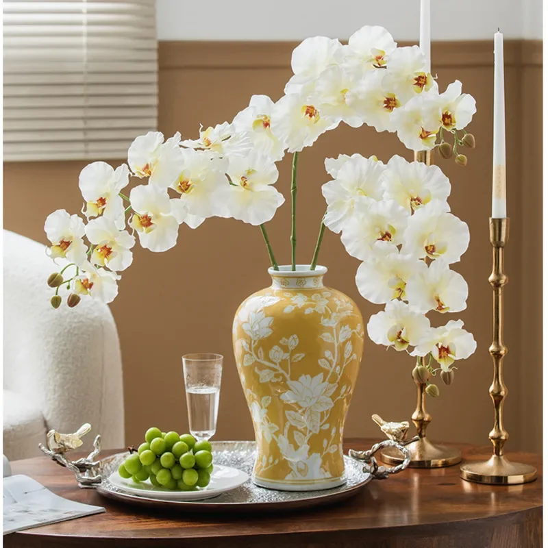 Rich Orchid Blue White Porcelain Yellow Ceramic Flower Vase Tea Table Craft Ornaments Underglaze Painting Hydroponic Container