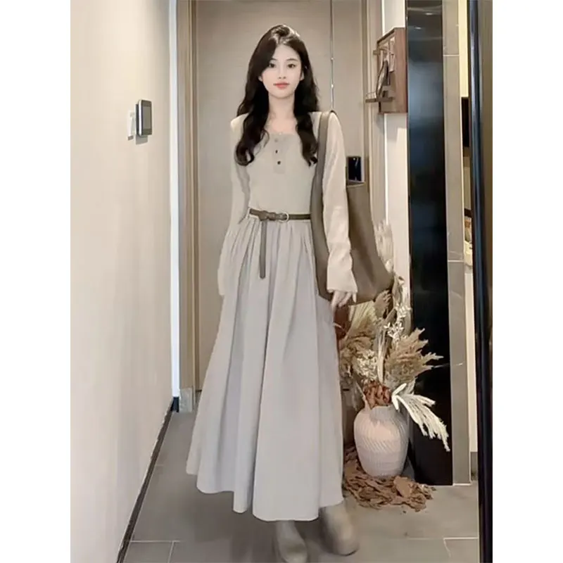 Autumn and Winter Fashion Simplicity Solid Color Square Collar Long Sleeve A-line Skirt Women Clothes Temperament Knitted Dress