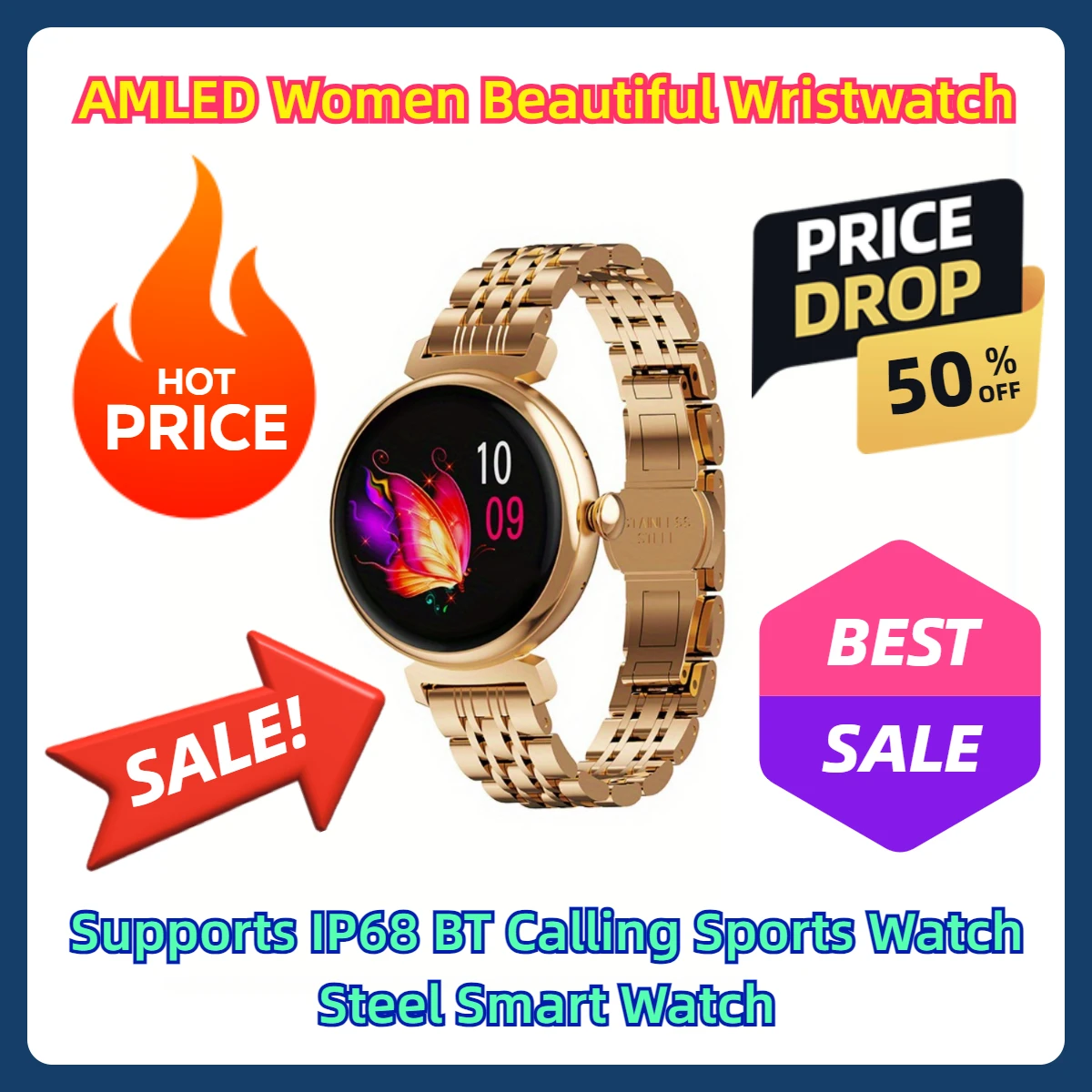 

AMLED Women Beautiful Wristwatch Supports IP68 BT Calling Sports Watch Steel Smart Watch