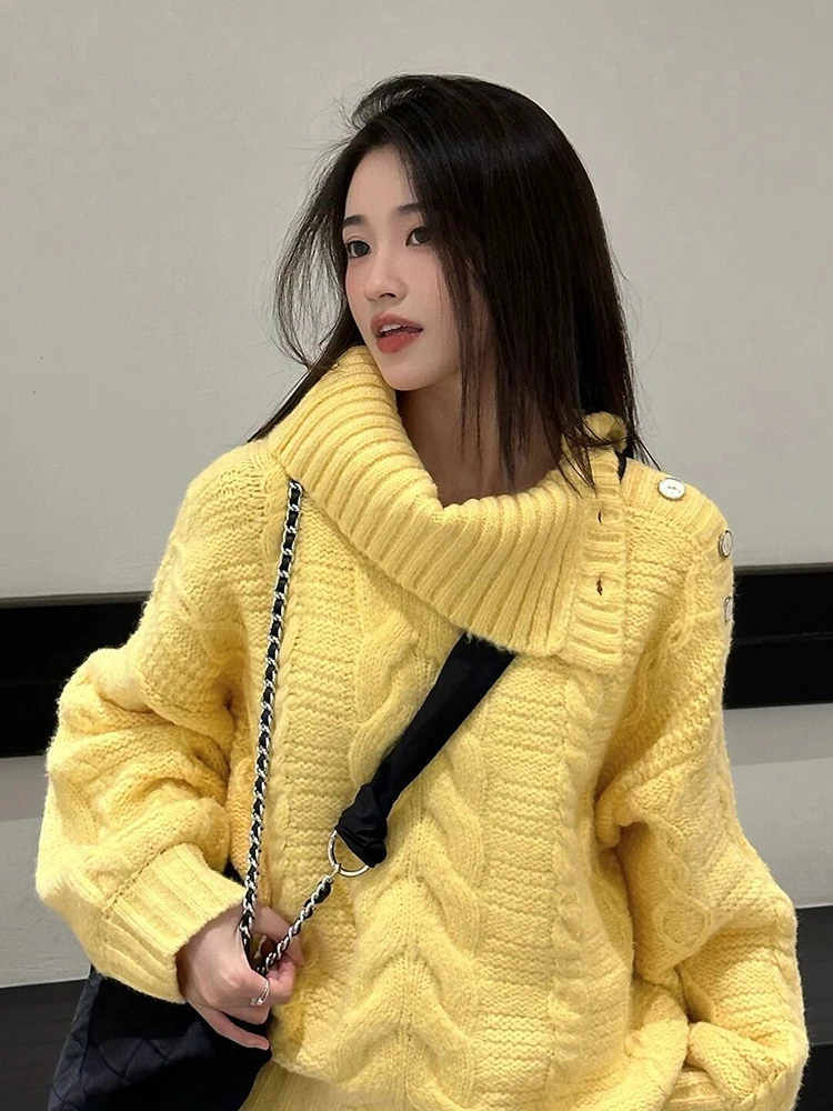 Women's Goose Yellow Sweater 2024 New Autumn/Winter Designer Lapel Texture Thick Knitted Pullover Gentle Elegant Commuter Top