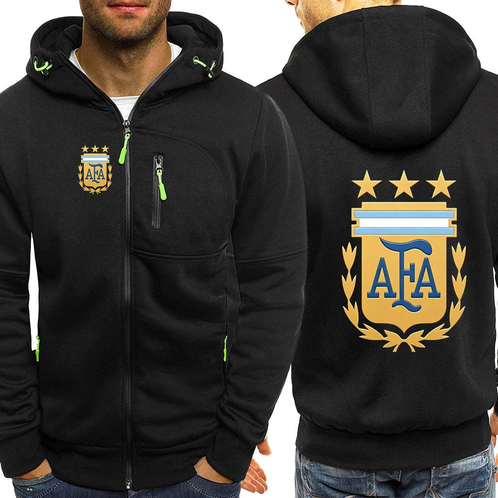Moletom Masculino com Zíper e Capuz Argentina, Casual para Exterior, Ajuste Slim, Primavera Outono, Cardigã com Zíper, Jaqueta