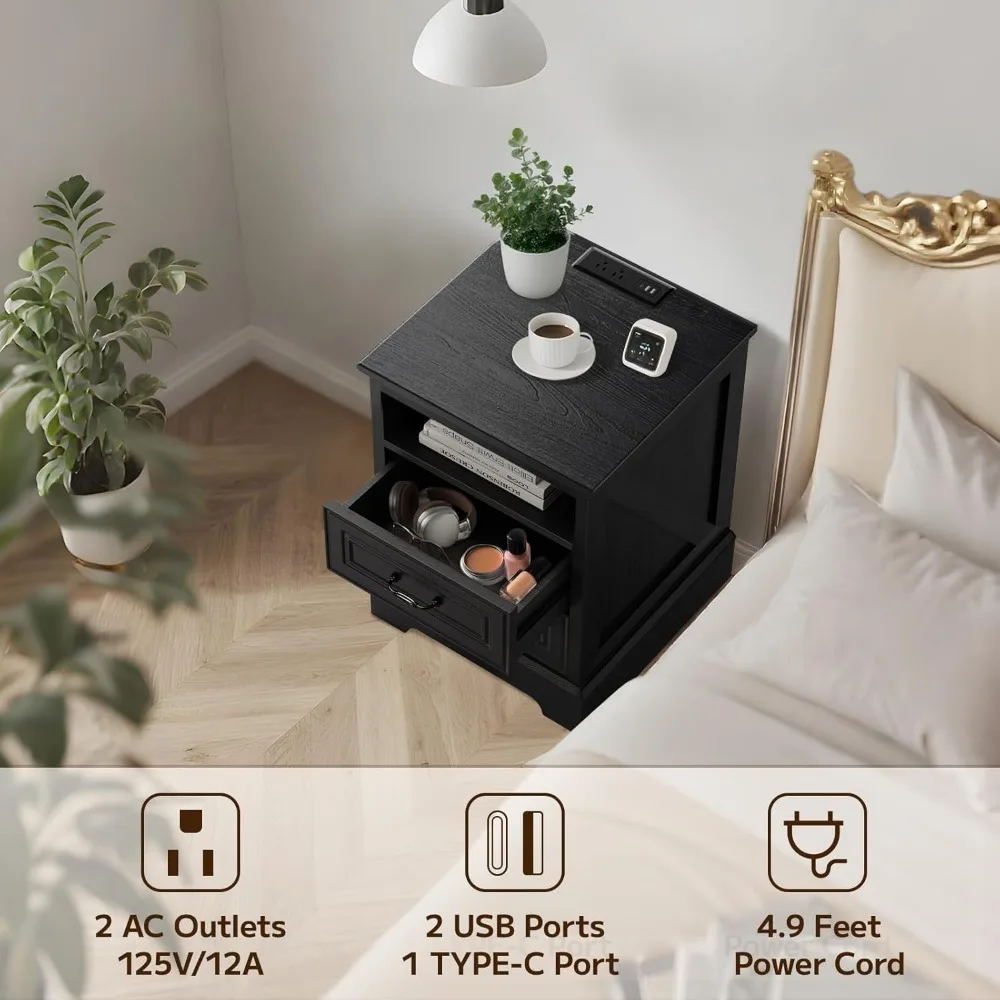 mesa de cabeceira de carregamento de porta dupla com gavetas, mesa final usb/tipo-c de 18"