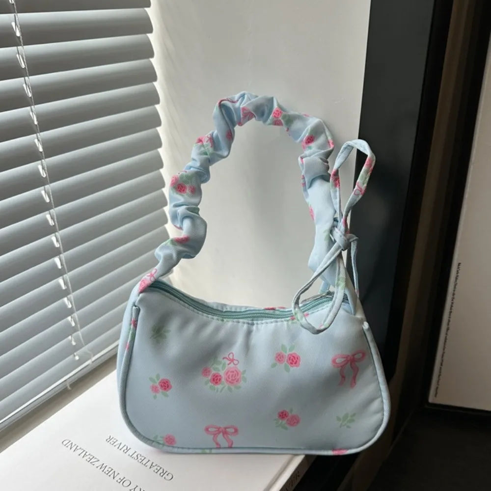 Fashion Ruched Flower Pleated Underarm Bag Bowknot Handle Nylon Handbag Trendy Sweet Floral Shoulder Bag Woman