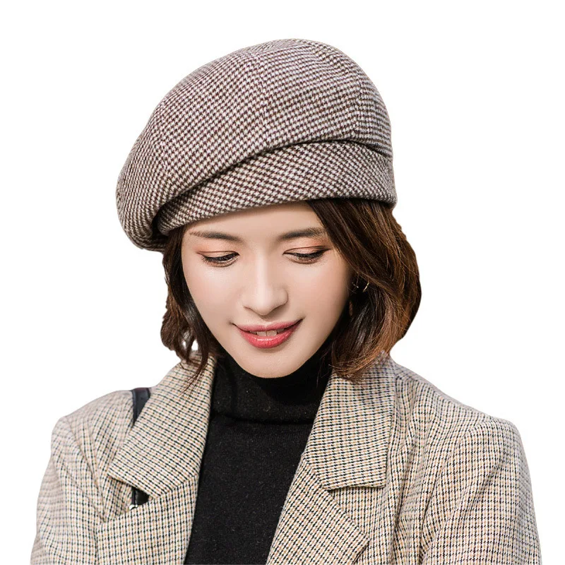 Simple Women Wool Beret for Elegant Lady Winter Female Cotton Hats Plaid Vintage Octagonal Casual Autumn Cap