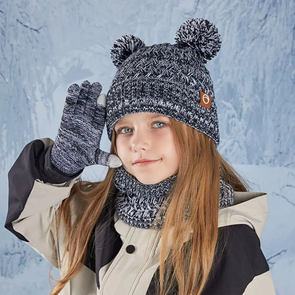 Casual Winter Hat Gloves Scarf Set Warm Thickened Beanie Hat with Pom Knit Children  Hat Gloves Scarf Set