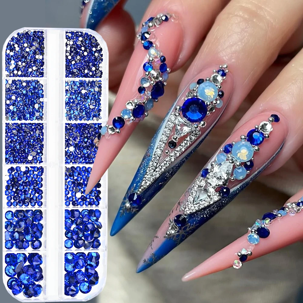 12 Gitter mit verschiedenen Größen, klare weiße Edelsteine, Nagelrhinestones, 3D glänzende, flache Rückseite, SS4-SS30, luxuriöse Kristall-Nagelglitzer-Charms, Hochzeitsdeko