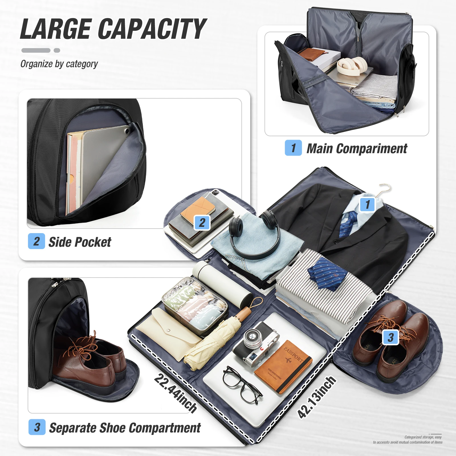 Tas Duffel Lipat Multifungsi untuk Perjalanan - 2-in-1 Organizer Jas Gantung & Tas Koper Jinjing untuk Perjalanan Bisnis