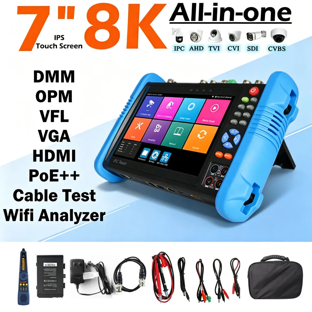 8MP CCTV Camera Tester Monitor AHD TVI CVI CVBS 8K IPC Troubleshooting Tool Kit with RJ45 UTP for Installation And Testing
