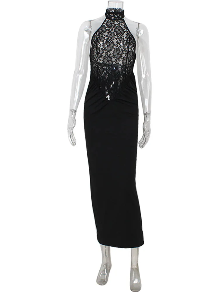 Ahagaga Sexy Women's Maxi Dresses Solid Sheath Lace Sleeveless Turtleneck Slim Fit Bodycon Elegant Party Female Vestidos Robes