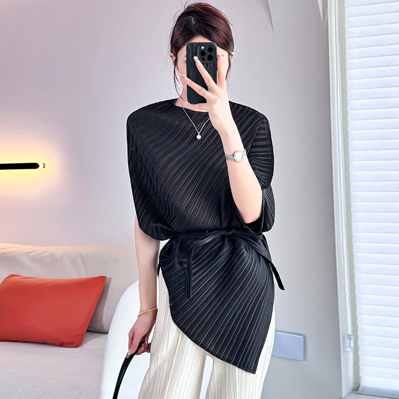 Miyake Pleated Solid Color Tops Ladies O Neck Batwing Sleeve Stretchy Irregular Bandage Lace Up Blouse Shirt Summer Clothes