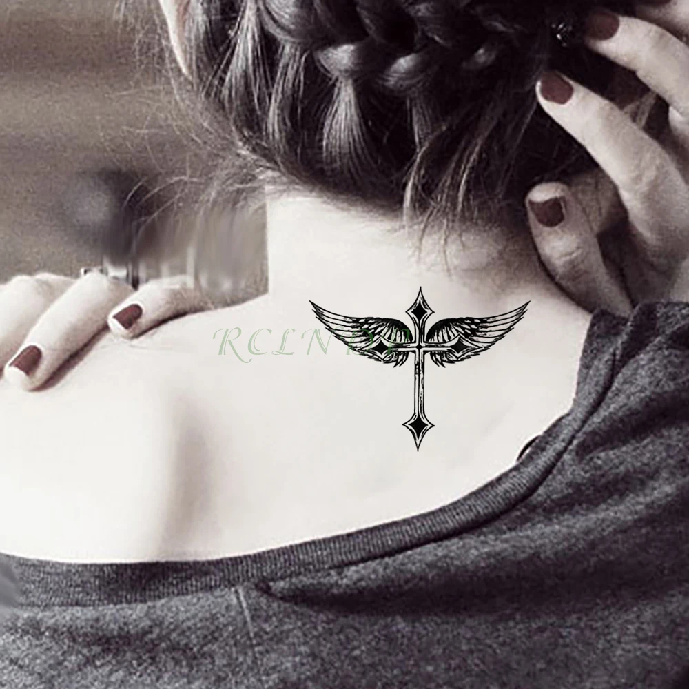 Waterproof Temporary Tattoo Stickers Cross Angel Wing Fake Tatto Flash Tatoo Tatouage Neck Hand Back Foot for Girl Women Men Kid