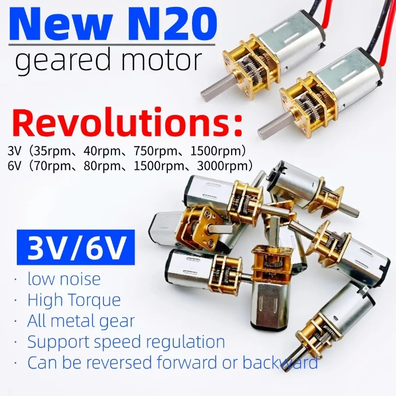 N20 3V/6V DC low-speed gear motor with high torque and metal gearbox, 35/40/70/80/750/1500/3000 RPM, suitable for robots/DIY