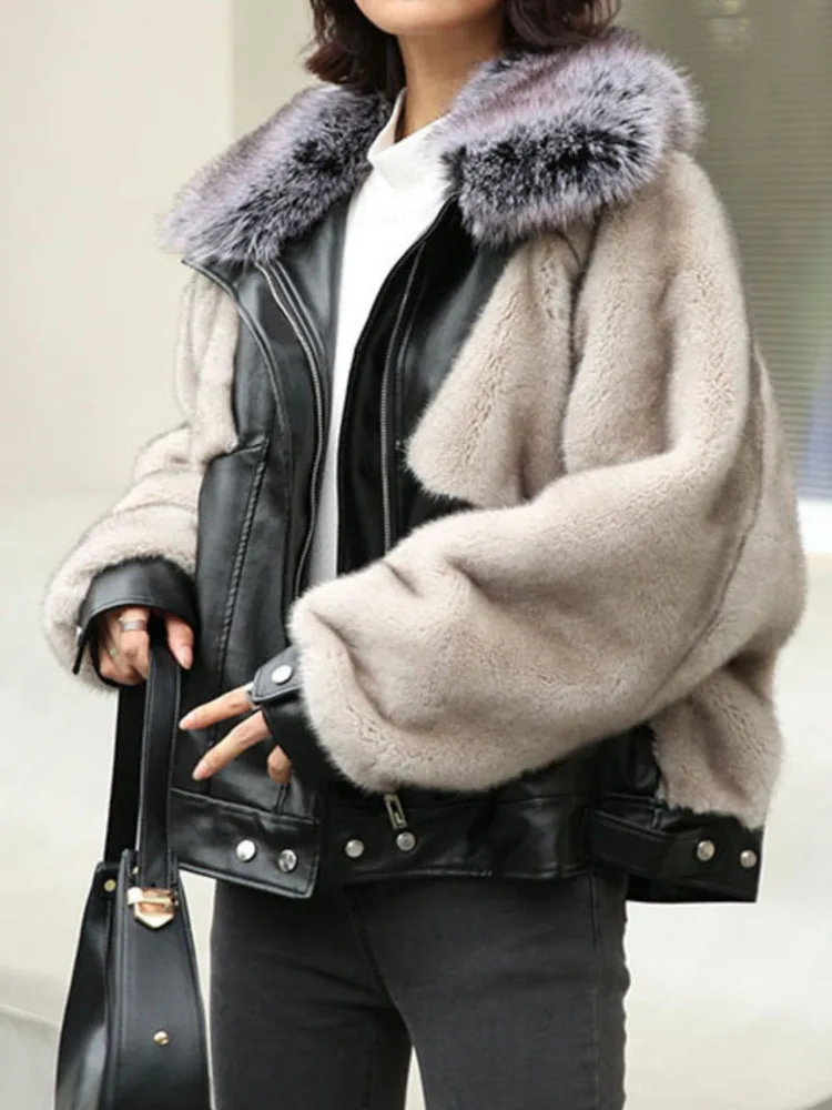UCXQ Fashion Faux Fur Coat European Style Contrasting Color Splicing PU Loose All Match Tide Women\'s Jacket 2024 Autumn Winter