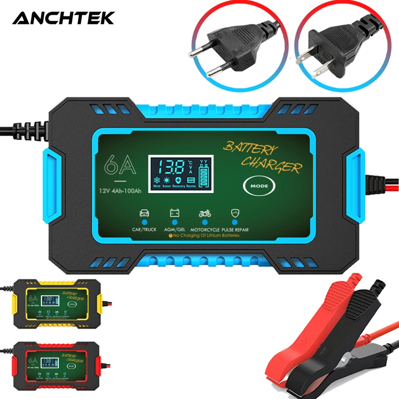 Anchtek Battery Charger 12V Pulse Repair LCD Display Smart Fast Charge AGM Deep cycle GEL Lead-Acid Charger For Motorcycle Car