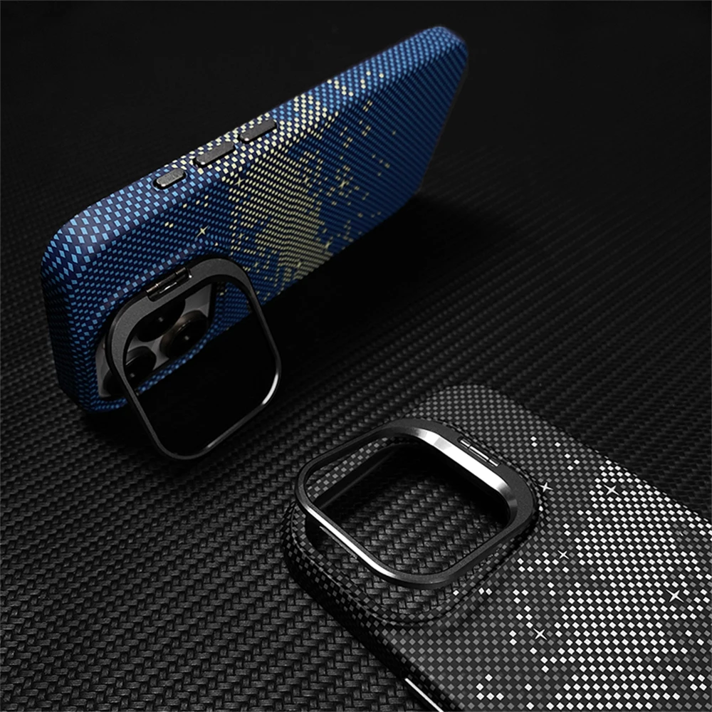 Lens Metal Holder Milky Way Carbon Fiber Pattern Case For iPhone 16 Plus 15 14 13 Pro Max Magsafe Mganetic Wireless Charge Cover