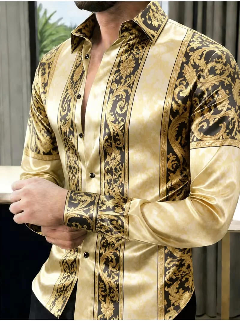 New black gradient geometric line printed shirt, simple business trend, men's slim fit long sleeved shirt clothing