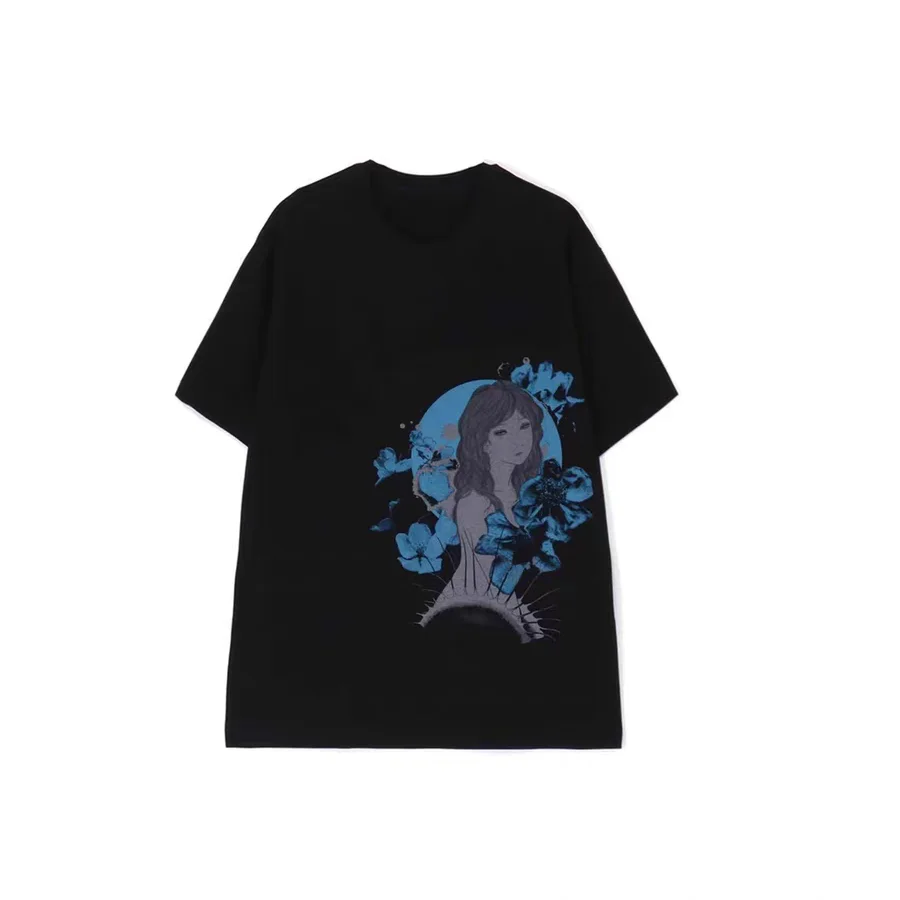 

YAMAMOTO-Style T-shirt ,HighQuality Dark Theme"Purple Thorns" Pattern Print,100% Cotton Loose Short-Sleeved