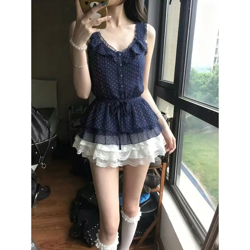 Vintage Casual U-neck Ruffled Sleeveless Polka Dot Top Fashion Lace Half Skirt Japanese/korean Idol Harajuku 2-piece Set 니트 스커트