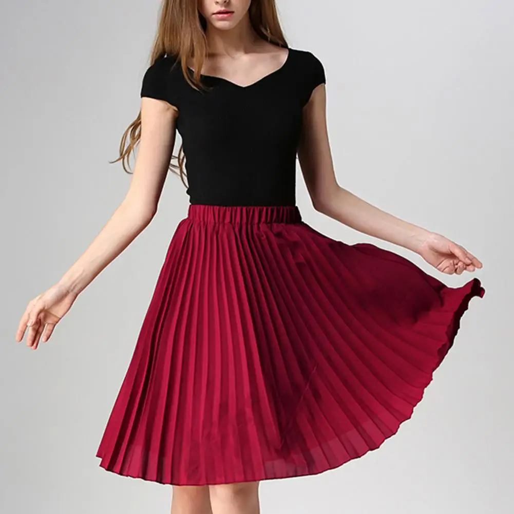 Sweet Solid Color Pleated Women Skirt Korean Fashion High Waist Flowy Large Hem Skirt A-Line Casual Dressing Knee-Length Skirt