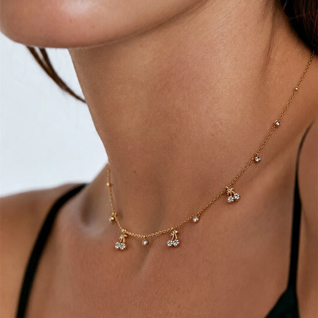 SHIXIN Classic Exquisite 18K Gold Plated Stainless Steel White Zircon Cherry Pendant Necklace Women Banquet Jewelry Accessories