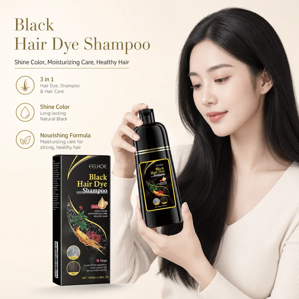 3-in-1 Schwarzes Haarfärbeshampoo mit natürlichem Ginseng-Extrakt, schnelle 5-Minuten-Abdeckung grauer Haare, Farbshampoo für den täglichen Gebrauch zu Hause und im Salon