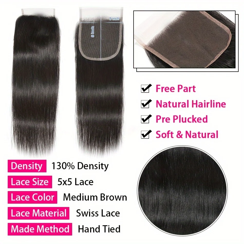 شعر برازيلي مستقيم مع إغلاق 5x5 100% شعر بشري 3 حزم مع إغلاق دانتيل 5x5 جزء مجاني أسود طبيعي