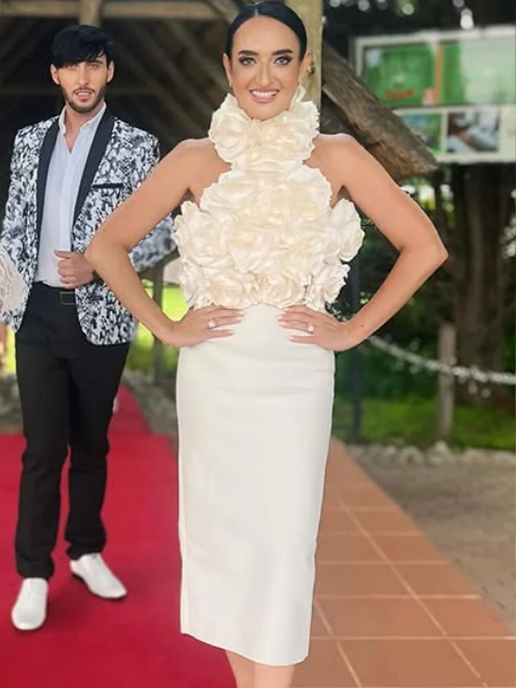 أنيقة الأزهار - مزين الرسن Bodycon ميدي ضمادة اللباس المشاهير حزب مساء ثوب العشاء الرسمي