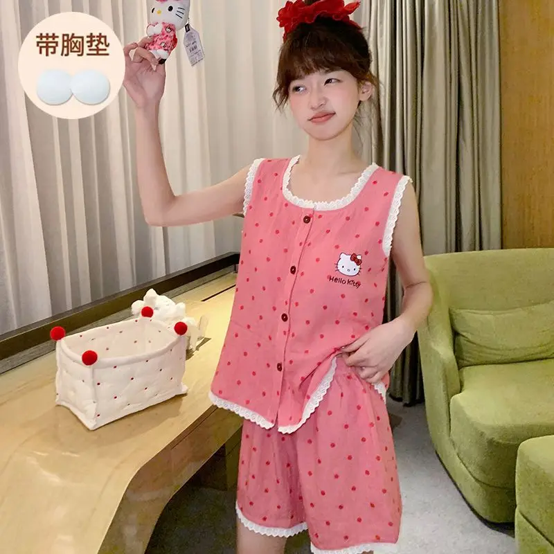 夏の新しいサンリオ綿糸カーディガンベストショーツセット漫画ハローキティパジャマ女性、甘いインスタイル部屋着パジャマ