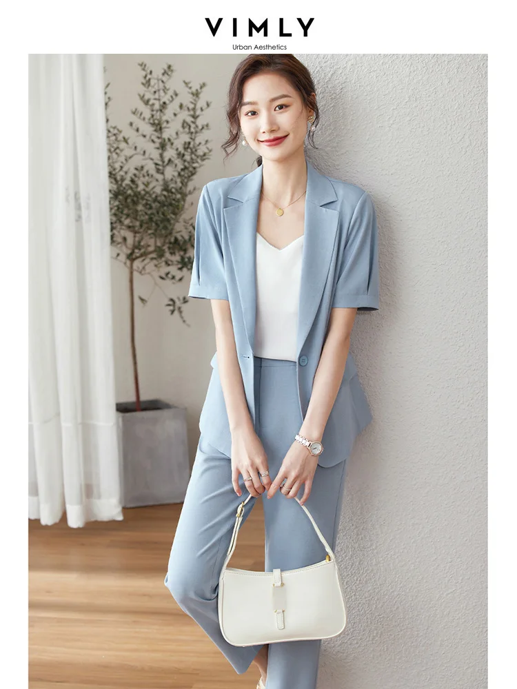 Vimly Elegant Summer Office Outfits Women 2 Pieces Pant Sets 2023 Chic and Elegant Short Sleeve Blazers Jacket Women\'s Suits