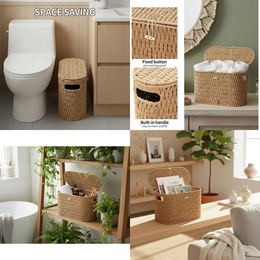 

Toilet Paper Basket with Lid,Paper Rope Decor Basket or Bathroom Organizers and Storage,Holds Up to 6 Mega Rolls,Decorative Hand