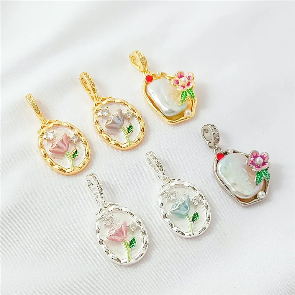 

14K Copper Plated with Thick Silver and Set with Zirconium Monet Garden Pendant Diy Tulip Pearl Clasp Bead Spacer Accessory