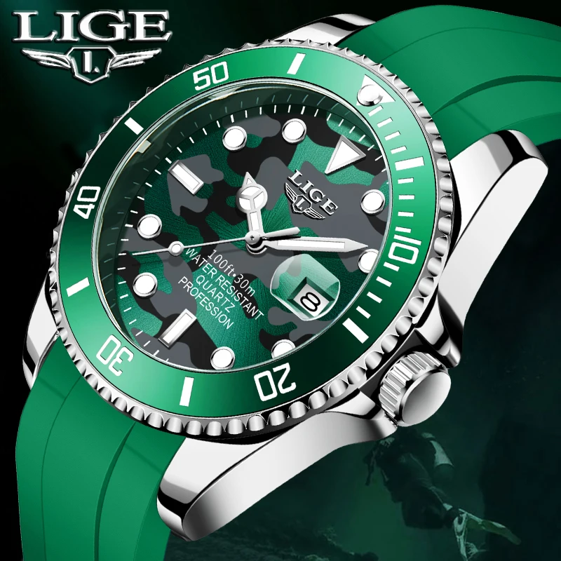 LIGE Fashion Luxury Watches for Men Casual Sport Silicone Quartz Man Watch Creative Camouflage Color Auto Date Wristwatch Clocks