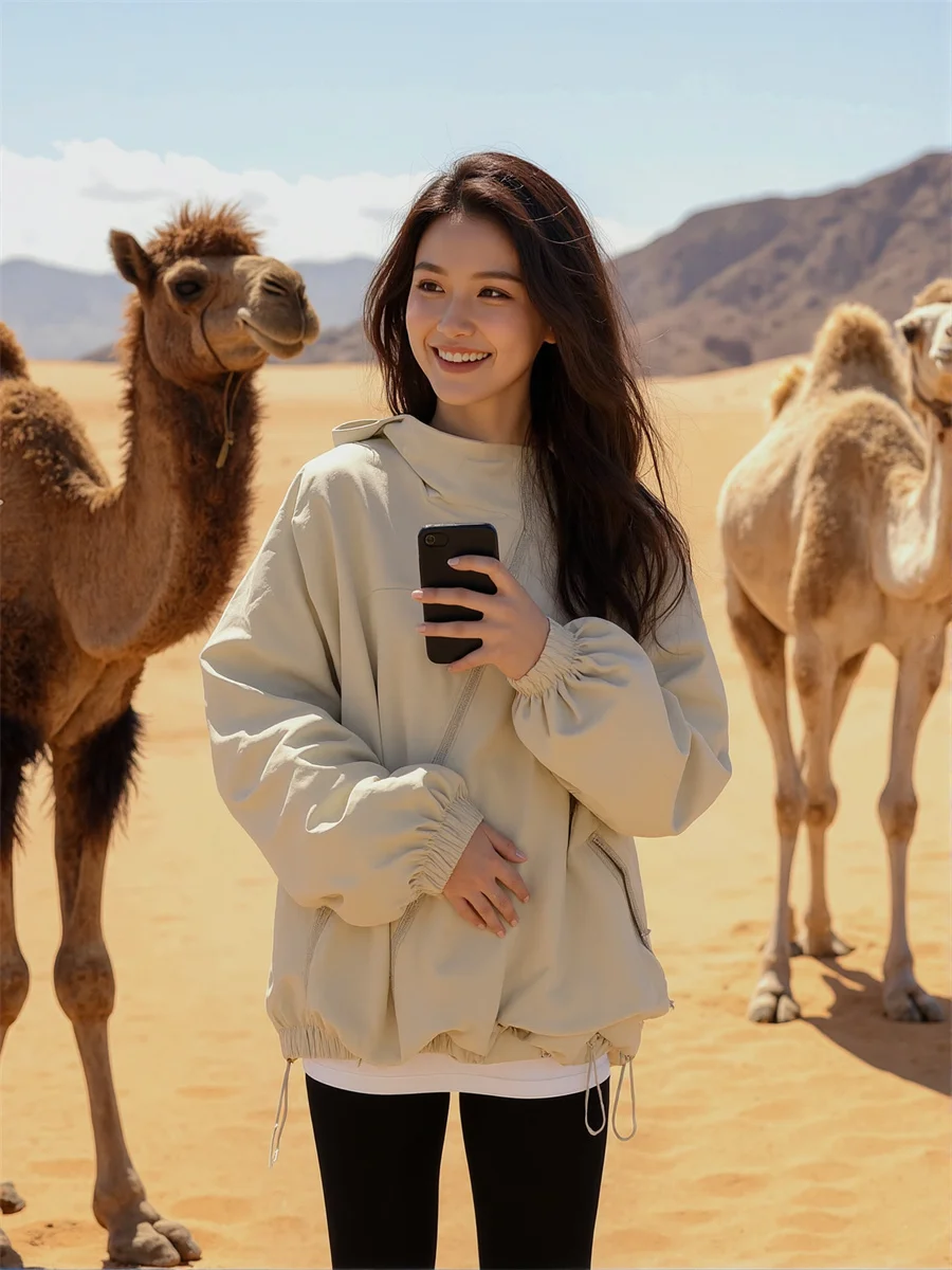 

Hooded Zipper Loose Jackets Aesthetic Top Women Autumn Stand-Collar Oversized Mountaineering Womans All-Match Vintage Windproof