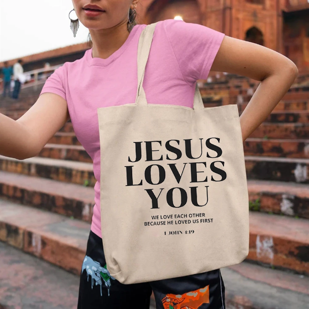 Print Designs Jesus Loves You Womens Handbags Christian Merch Bible Verse Jesus Canvas Tote Bags Reusable Grocery Large Capacity