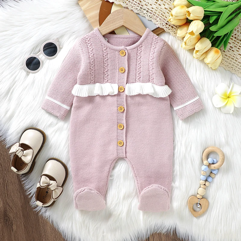 Baby Rompers Knit Infant Children Clothes 0-18M Fashion Ruffles Newborn Girls Jumpsuit Long Sleeve Overall Autumn Pantyhose Warm