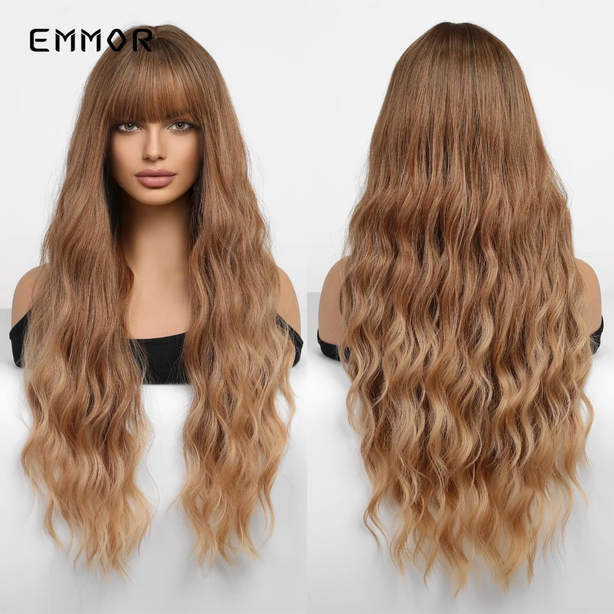 

Emmor Long Bady Wave Hair Wig Ombre Brown Blonde Synthetic Water Wavy Wigs With Bangs for Women Natural Heat Resistant Wig