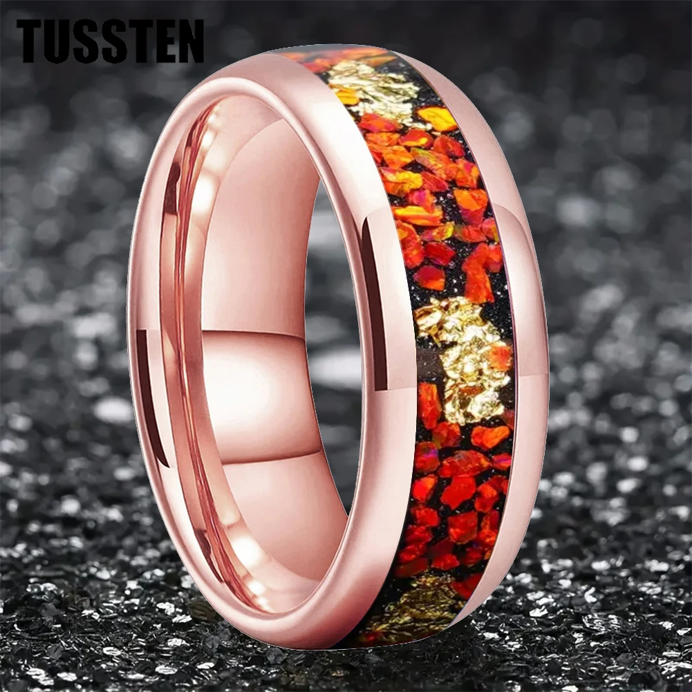 TUSSTEN 8MM Men\'s and Women\'s Wedding Ring with Orange opal and gold foil Stone Inset in the Middle Groove for